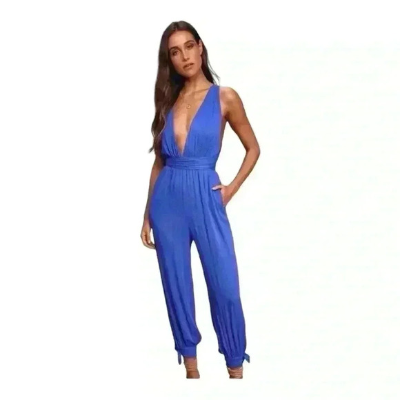 Lulus NWT Lolinda Royal Blue Convertible Halter Cropped Harem Leg Jumpsuit  S - Picture 1 of 8
